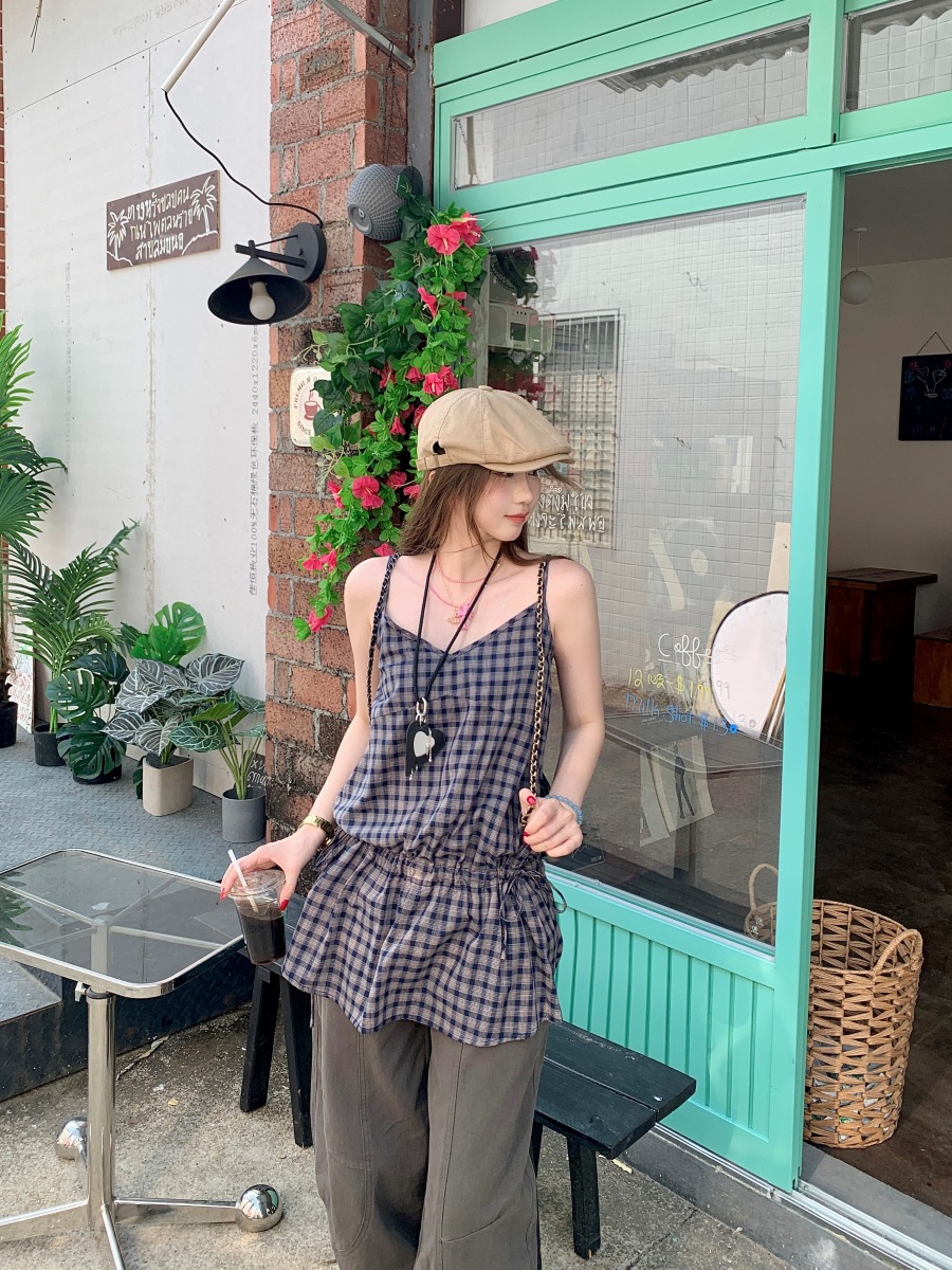 Shimei 2025 Summer Retro Casual New Plaid Strap Camisole Women's Loose Slimming Versatile Top