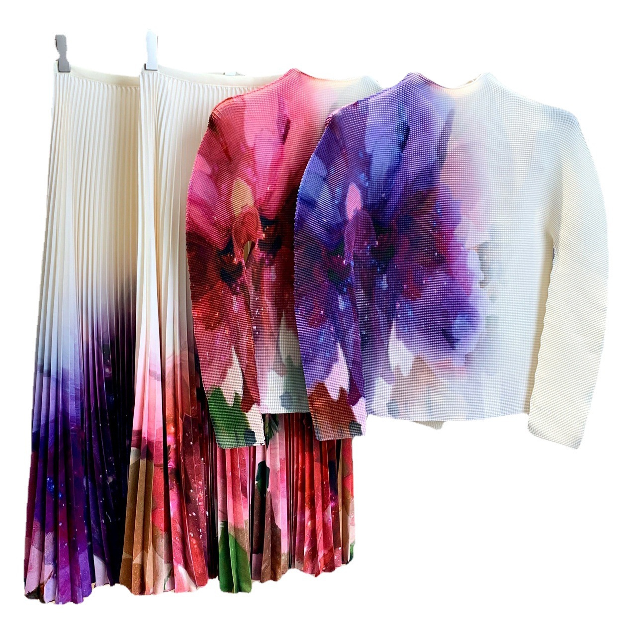 Autumn 2024 New Miyake Pleated Fashion Slim-fit Corn Grain Lightweight Top Printed Pleated Skirt suit