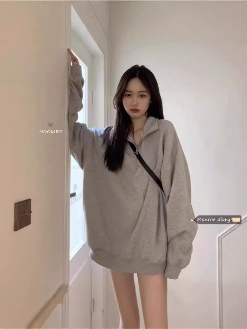 Half Zip Grey Sweatshirt Women's Mid-length Polo Elegant Lapel All-match Loose Thin Long-sleeved Coat Trendy Cross-border