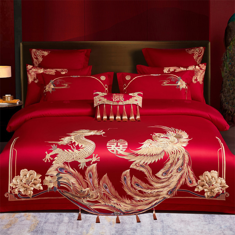 Picture of High-End 120S Pure Cotton Long-Staple Cotton Wedding Four-Piece Set New Chinese Style Dragon and Phoenix Embroidery Wedding Red Bedding