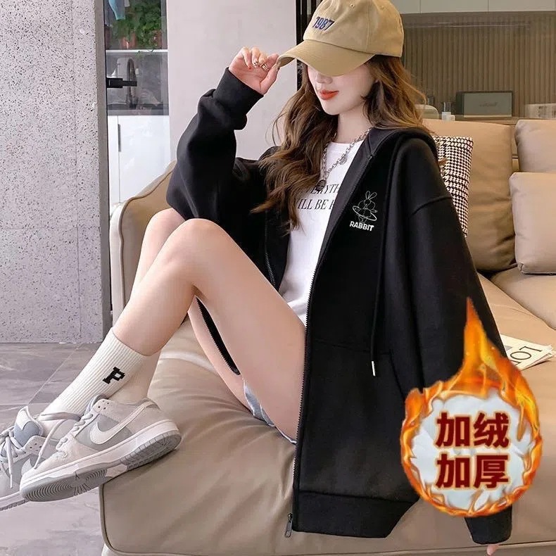 Picture of Embroidered hooded sweater women's autumn and winter fleece-lined thickened loose plus size college style casual hooded sweater cardigan coat