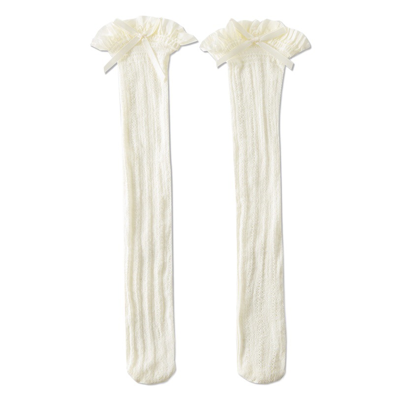 Milky White Mid-Calf Socks for Women Japanese Style Summer Thin Bow Lace Pile Socks Jk White Calf Socks