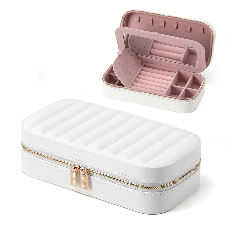 Picture of Striped Metal Zipper Jewelry Box with Mirror Jewelry Ring Necklace Storage Box Multifunctional Portable Jewelry Box