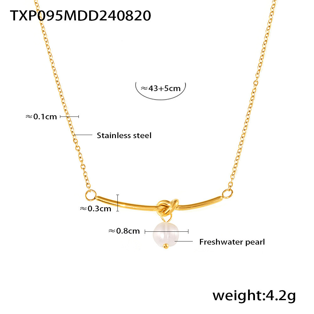 Picture of French Hollow Bow Earrings Freshwater Pearl Rope Necklace Stainless Steel Sweet Temperament Girlfriend Gift suit