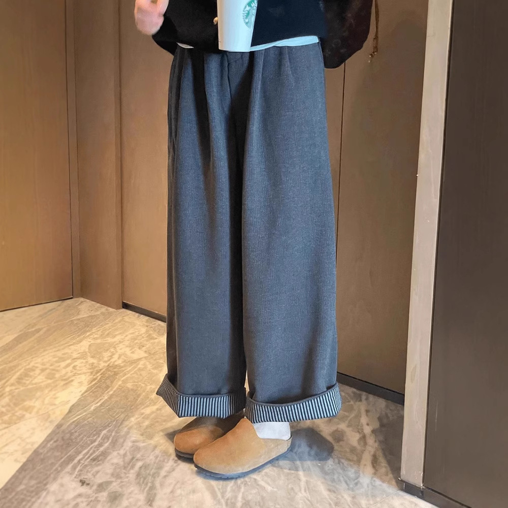Vintage Grey Curled Plaid High Waist Casual Pants Women's Autumn New Loose All-match Slimming Straight Leg Wide-leg Pants