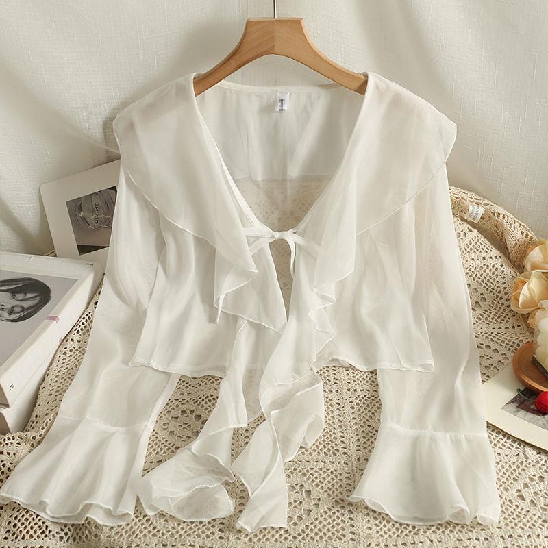 Picture of Sweet Ruffled Lace-up Short Chiffon Shirt for Women in Summer with Suspender Skirt and Shawl Small Outwear Sun Protection Blouse