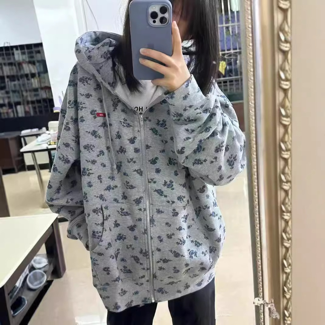 Picture of American-style Floral Print Hooded Sweater Women's Spring Autumn and Winter Thickened Loose Lazy Style oversize Cardigan Coat Trendy