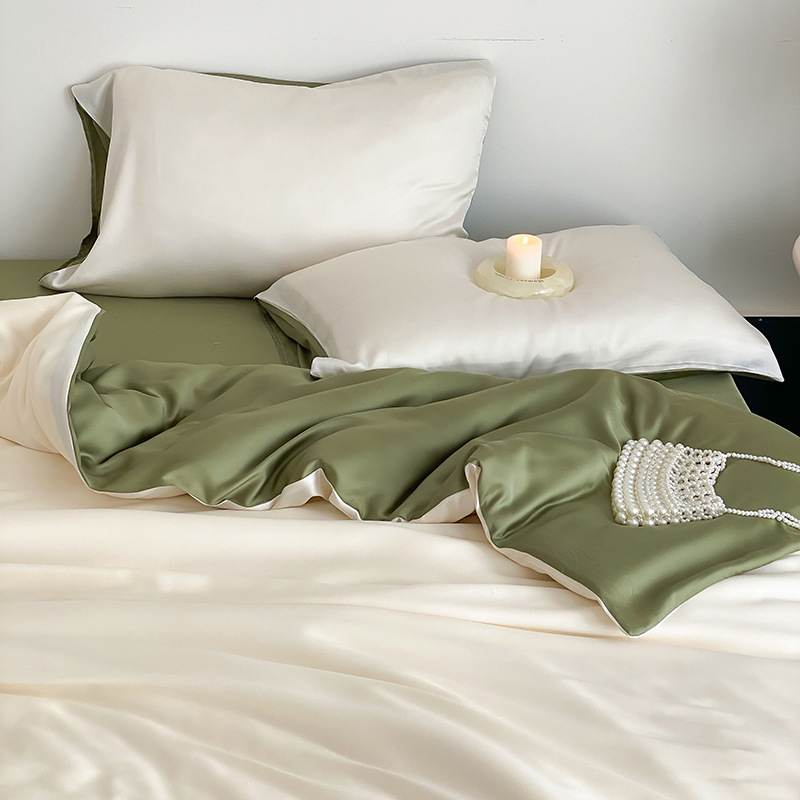Picture of Summer Light Luxury Solid Color Ice Silk Four-piece Set Class A Cool Bed Sheet Quilt Cover Dormitory Three-piece Set Bed Cover Gift for Hair 4