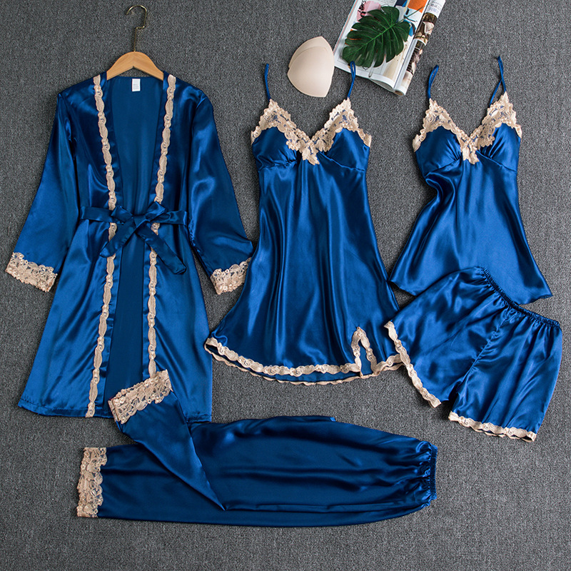 Foreign trade cross-border new pajamas with chest pad silk sexy sling golden flower five-piece pajamas thin homewear
