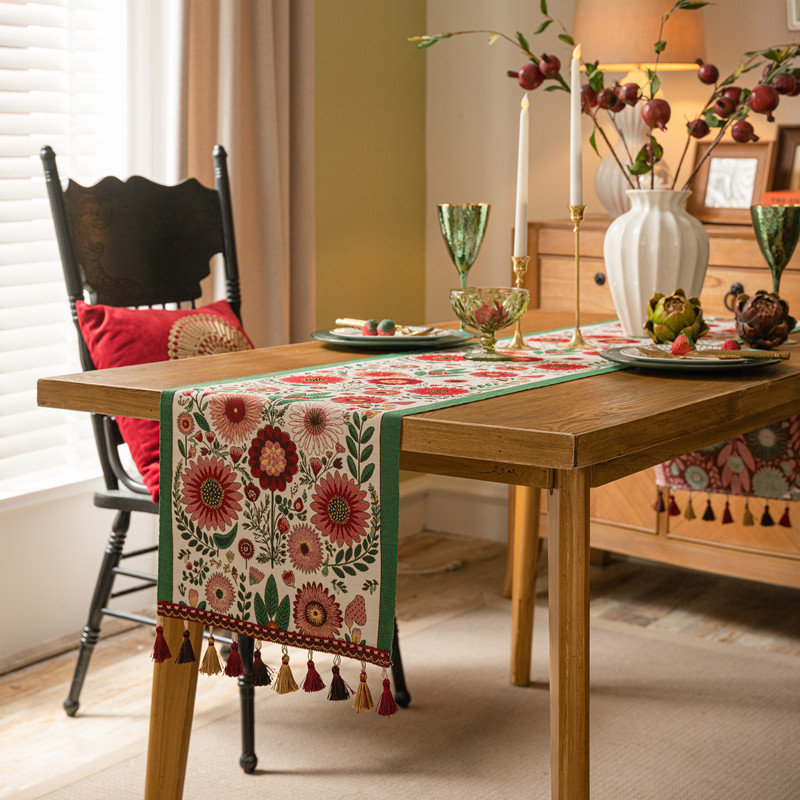 American retro table runner yarn-dyed jacquard ethnic style tassel household polyester tablecloth table runner bed tail flag