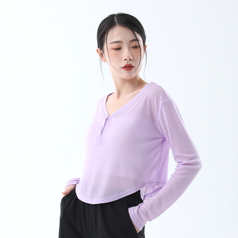 Picture of Thin V Neck Yoga Wear, Long-Sleeved Short Style, Loose-Fitting Outdoor Fitness Top, Breathable Daily Sports Blouse
