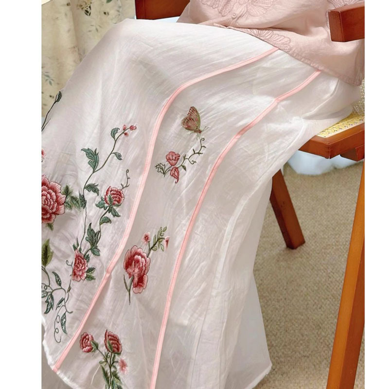 Summer Chinese Style New Ethnic Style Heavy Embroidery Elastic Waist Double-Layer Skirt over the Knee Versatile Mid-Length Skirt