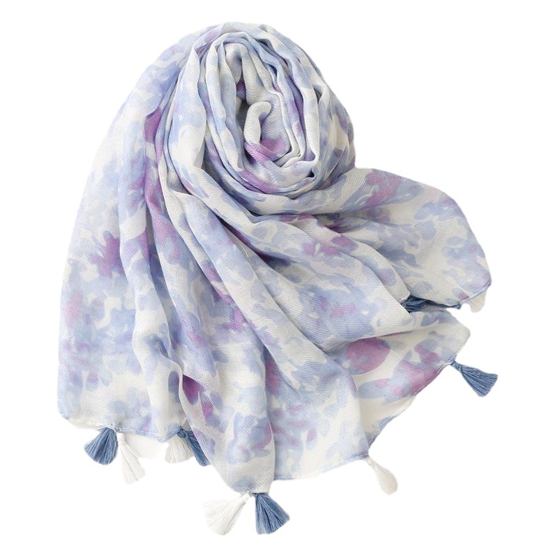 Elegant Fresh Cotton and Linen Hand Scarf Women's Art Rendering Ink Painting Blue and White Handmade Tassel Gauze Shawl