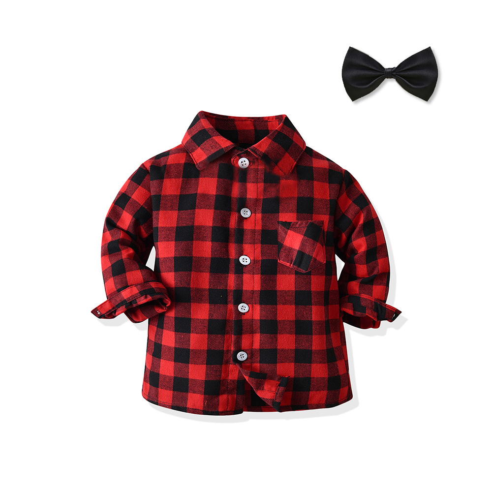 Children's long-sleeved shirt spring and autumn baby plaid shirt neutral lapel all-match shirt with bow children's clothing wholesale