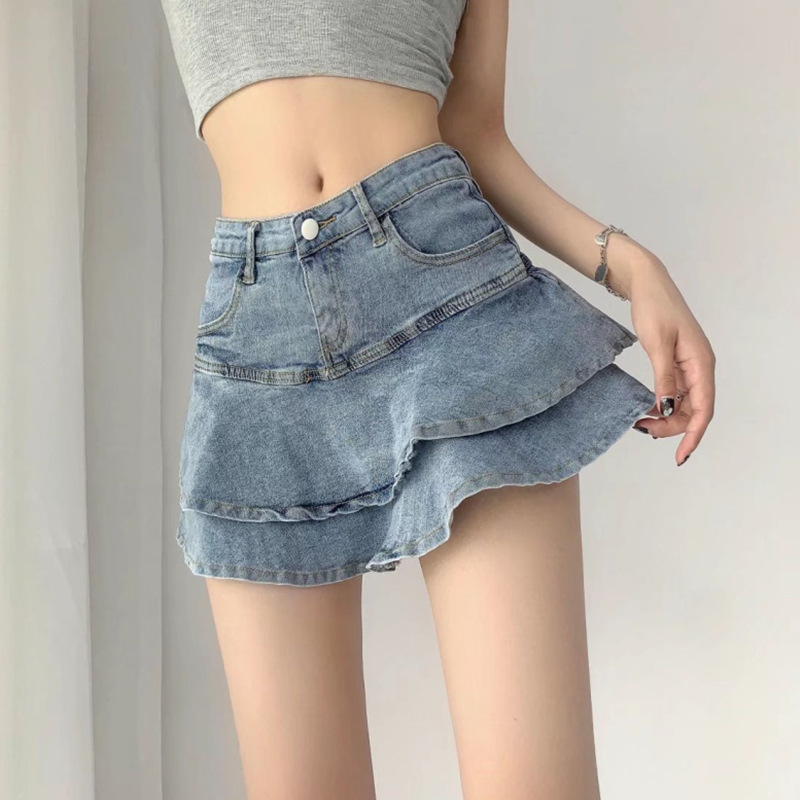 Hot Girl Style High Waist Fishtail Pleated Denim A- Line Half Skirt Women's Design Sense Niche Slimming Hip Skirt