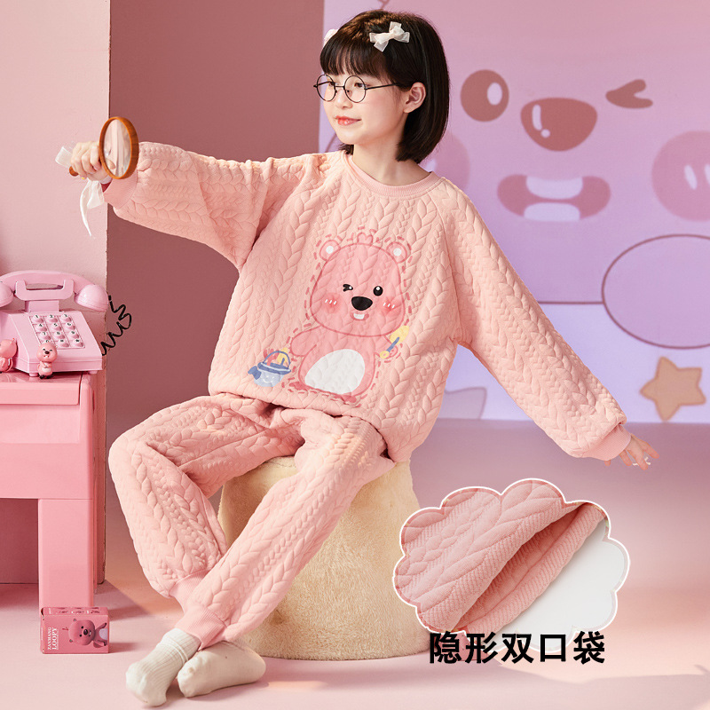 Children's Pajamas Air Cotton Sandwich Autumn and Winter Cute Cartoon Girls Round Neck Thickened Warm Middle and Large Children's Home Clothes