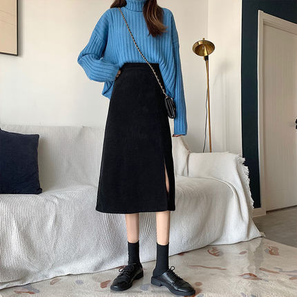 Corduroy Midi Skirt Small High Waist Split Arm Skirt Autumn and Winter Hip Covering A- Shaped Long Skirt Children m