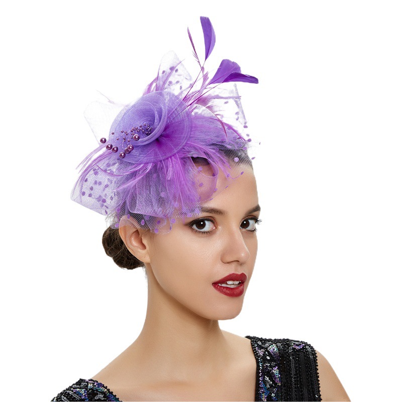 Picture of European and American Popular Amazon Feather Headdress Bridal Hair Accessories Mesh Top Hat Jockey Club Hair Accessories Hairpin Headband
