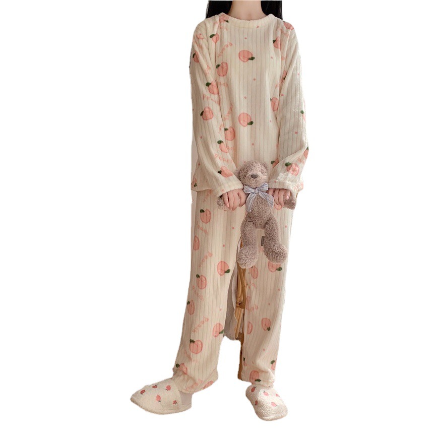 Honey Peach Bear Bow Printed Coral Fleece Crescent Warm Set Winter Comfortable Warm Pajamas Home Clothes for Women