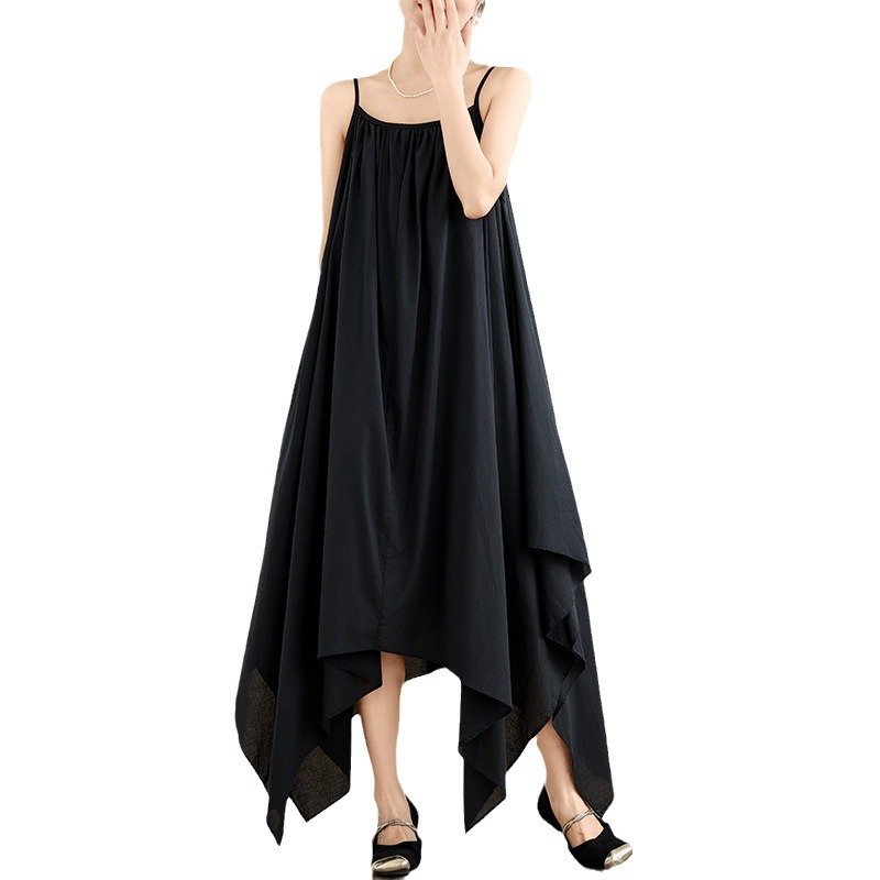 Picture of Black and White Minimalist Irregular Hem Sling Long Dress Children's Loose Beautiful Travel Photoshoot Sleeveless Solid Color Cotton and Linen dress