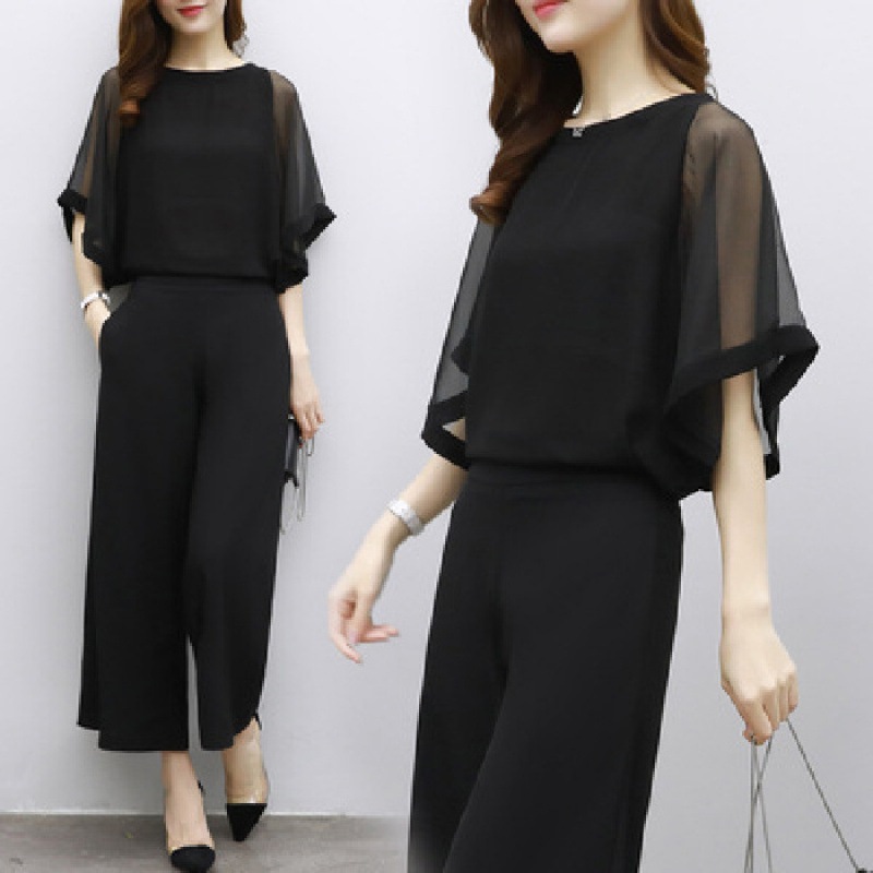 Picture of 2025 New Korean Style Women's Summer Fashion Temperament Socialite Two-Piece Chiffon Top High Waisted Wide Leg Pants Suit for Women