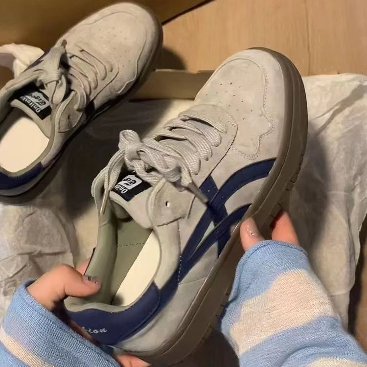 Maillard niche gray blue training shoes women's 2024 autumn new thick bottom leather retro sports casual shoes tide