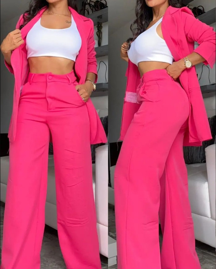 Picture of Cross-Border 2024 European and American Export Summer Women's Clothing Elegant Pure Color Slit Sleeves Lapel Suit Straight Pants Suit for Women