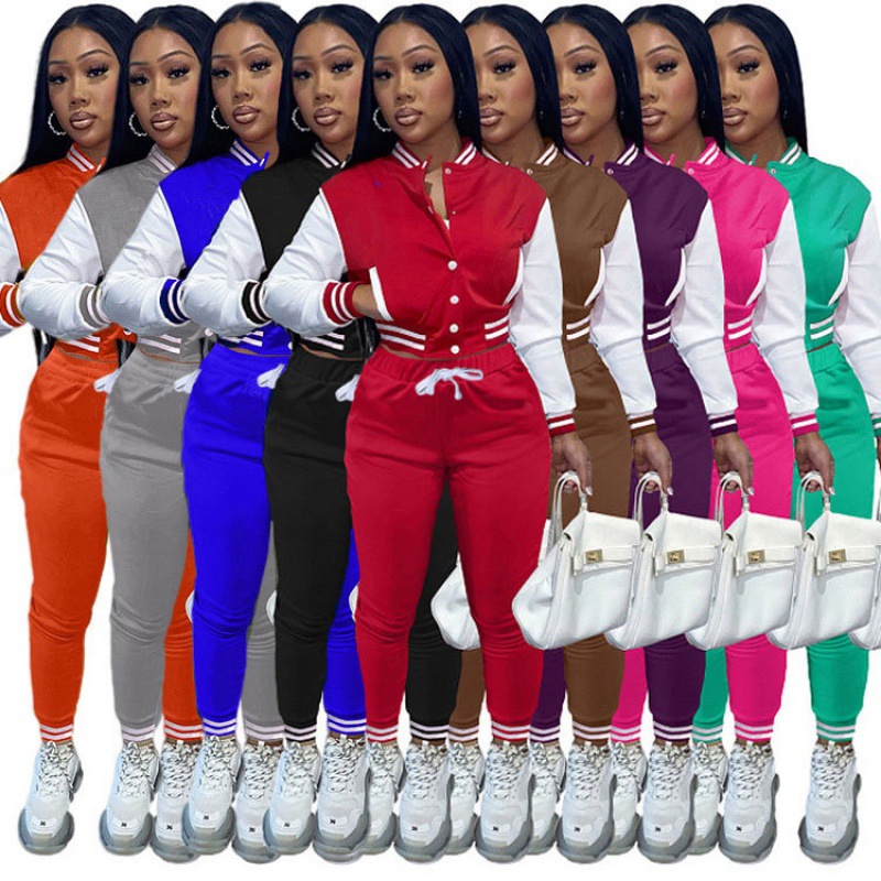 European and American Amazon Explosions Women's Stitching Jacket Single-breasted Baseball suit Women's Clothing Sports Two-piece Set