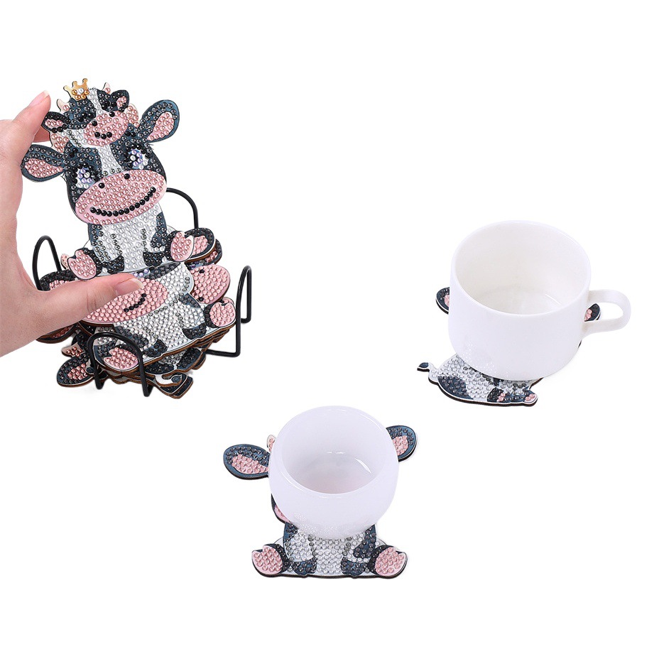 Amazon's Best Selling 5D Handmade DIY Wooden Dot Drill Insulated Anti-Slip Diamond Painting Various Cow Coasters with Stand