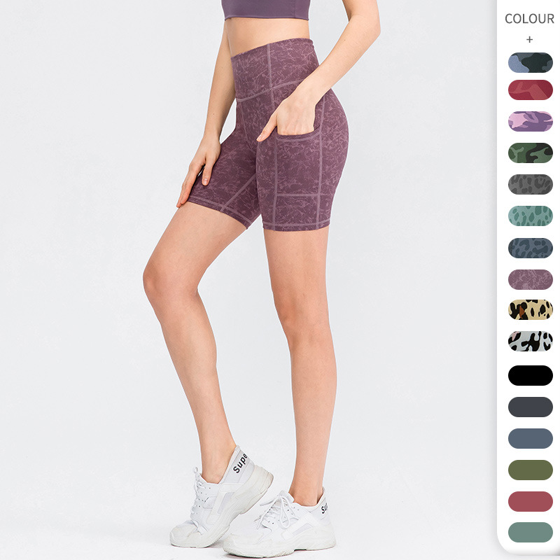 Women's Printed Nude Yoga Shorts with Flap Pocket Pantss, Skin-Friendly, Tight-Fitting, Quick-Drying Sports Fitness Shorts 02413