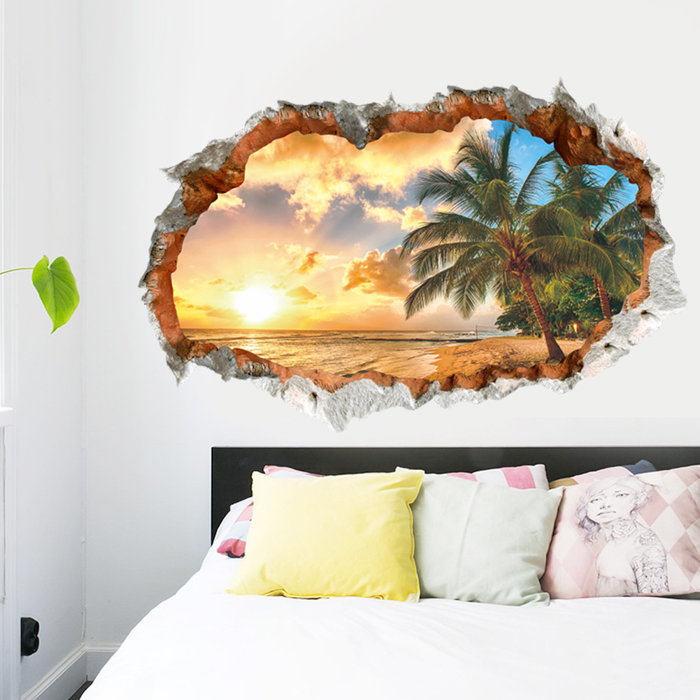 New Sunset Beach 3D broken wall stickers bedroom living room background wall removable stickers foreign trade wholesale ZY1483