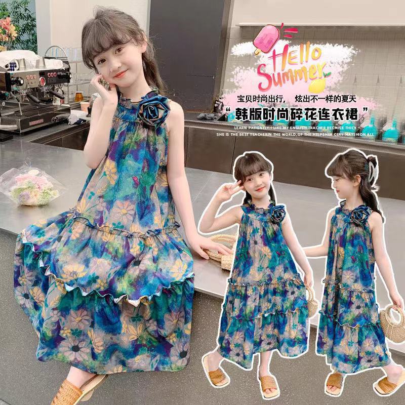 Girls' Skirt Summer 2024 New Girls' dress Cool Sleeveless Vic Dress Printed Simple Princess Skirt