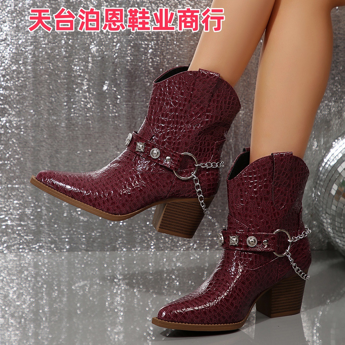 Picture of 2025 European and American Fashion New In-Stock High-Heel Women's Leather Boots, Export Large Size Pointed Toe Belt Buckle, One-Foot Chunky Heel Boots