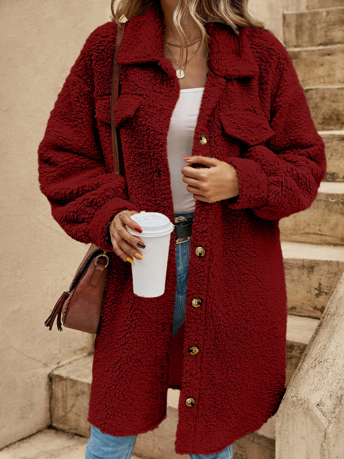 Picture of 2025 Foreign Trade Winter Cross-Border Amazon New Style Button-Down Plush Coat, Loose and Elegant Long Coat for Women
