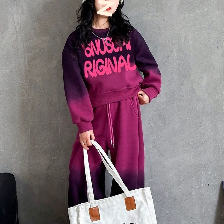 Girls' Autumn Dress Gradient Sweater Pants Two-piece Set 2024 New Style Trendy Two-piece Set for Middle and Large Children's Letter Top Pants