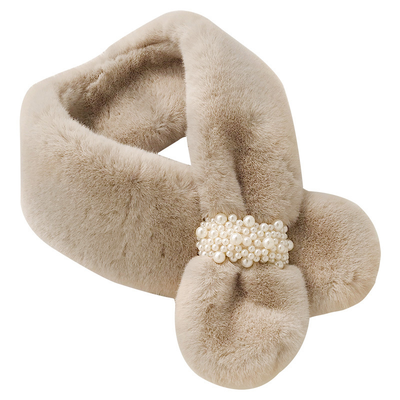 Picture of Autumn and Winter New Pearl Wool Plush Scarf Women's Pearl Buckle Cross Thickened Faux Fur Rex Rabbit Fur Scarf All-match