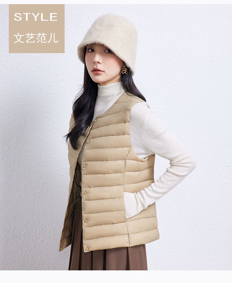 Picture of Autumn and Winter New Lightweight down Jacket Women's Liner Vest Short Round Neck Inner Wear Collarless Lightweight Bottoming Pure Color Vest