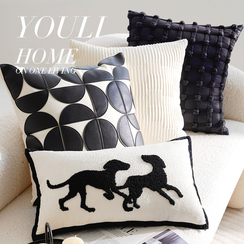 Light Luxury High-end Black and White Pillow French Middle-ancient Pillow Embroidered Simple Bed Living Room Sofa Pillow Case with Core