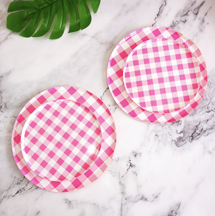 Picture of New Disposable Paper Plate Pizza Plate Flat Bottom Disc Party Pink Plaid Tableware picnic plate fruit plate