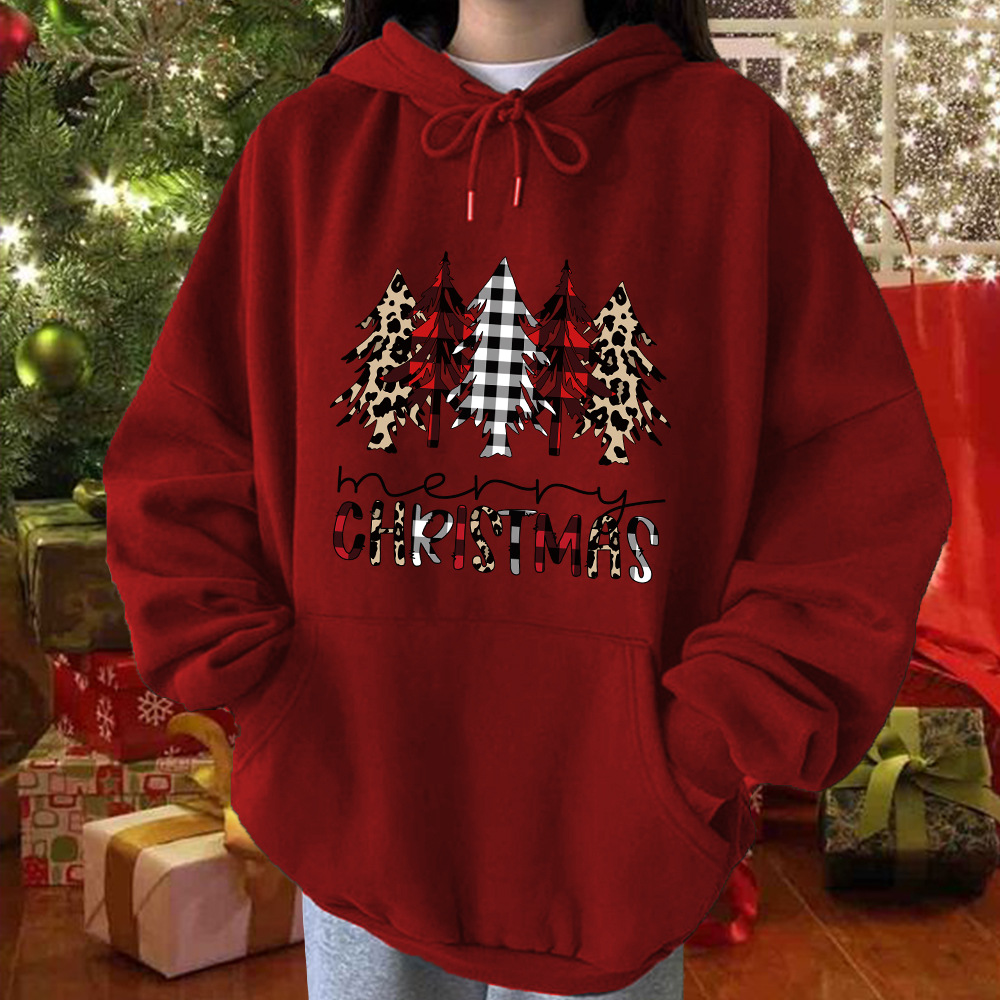 Women's Christmas Autumn and Winter Christmas Tree Printed Dropped Shoulder Pullover Hooded Sweater