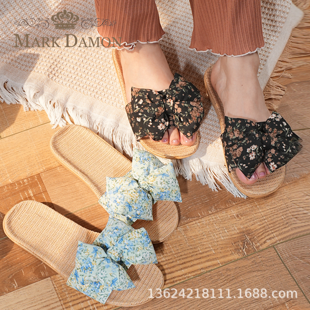 Summer Linen Straw Women's Floral Korean Style Home Indoor Fairy Style Can Be Worn Outside Home Indoor Sandals and Slippers