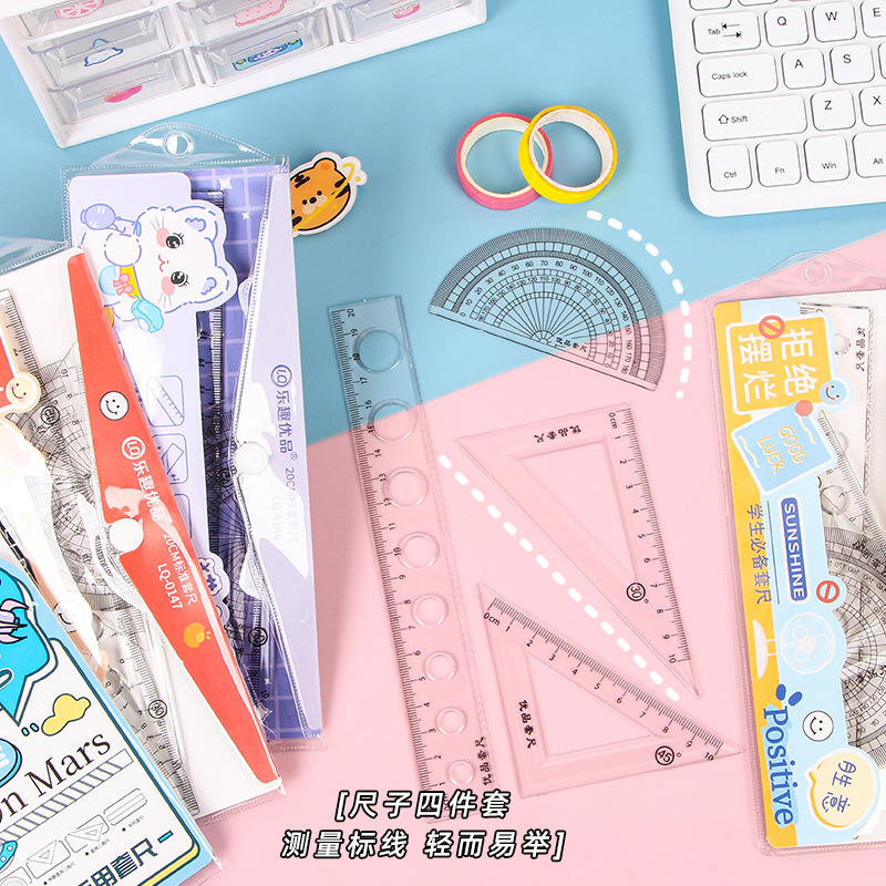 Picture of Student Cartoon Set of Rulers, Cute Children's Stationery, Multifunctional Ruler Set, Triangle Plate, Protractor, Ruler Wholesale