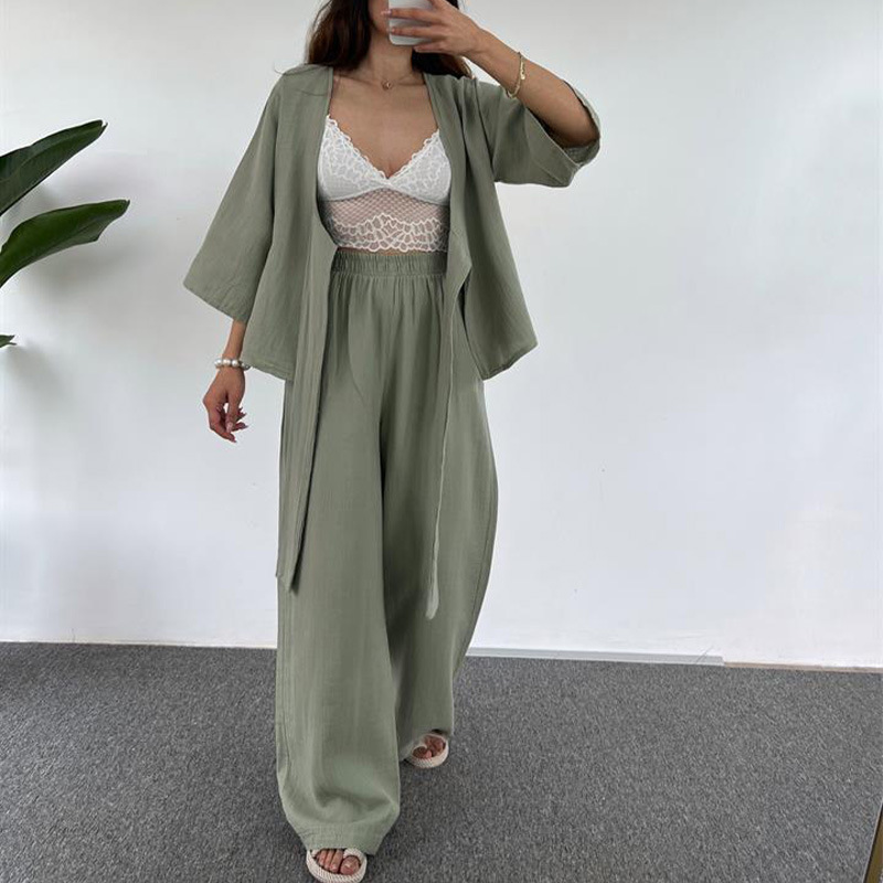 Picture of European and American Cross-Border Export Women's Fashion Casual Loose Suit Plain Lace-Up Three-Quarter Sleeve Cardigan Trousers Two-Piece Set