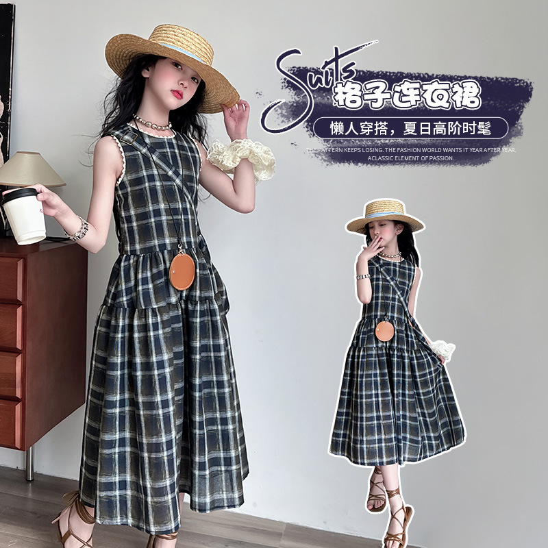 Girl's Big Boy Plaid dress 2025 Summer New Children's Summer Casual Skirt Primary School Student Sleeveless Princess Skirt