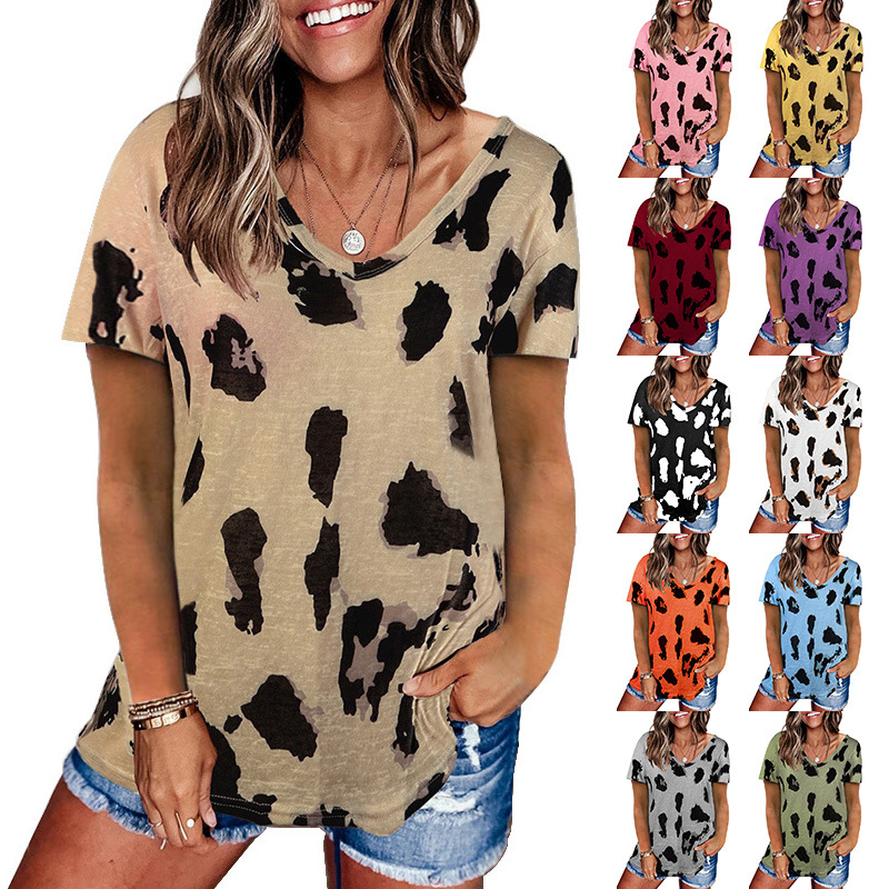 Cross-border Women's European and American Style 2023 Summer New Leopard Print Top Loose Casual V-neck Short Sleeve WB14