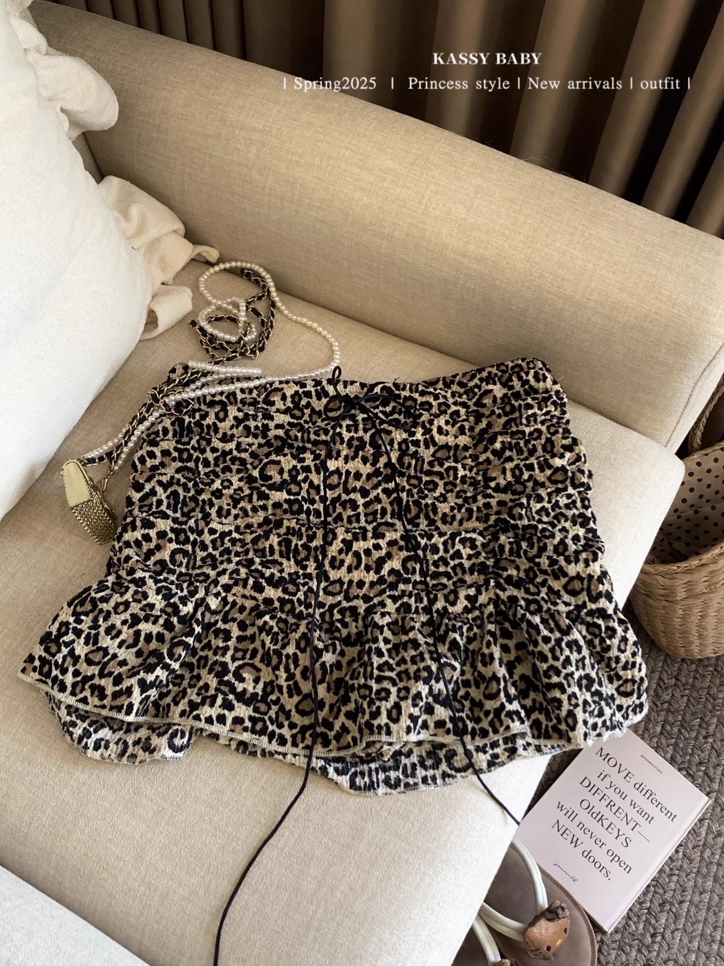 American Retro Leopard Print Lace-Up Ruffle Skirt Women's Summer High-Waist Slimming Look Anti-Exposure A-Line Skirt Short Skirt