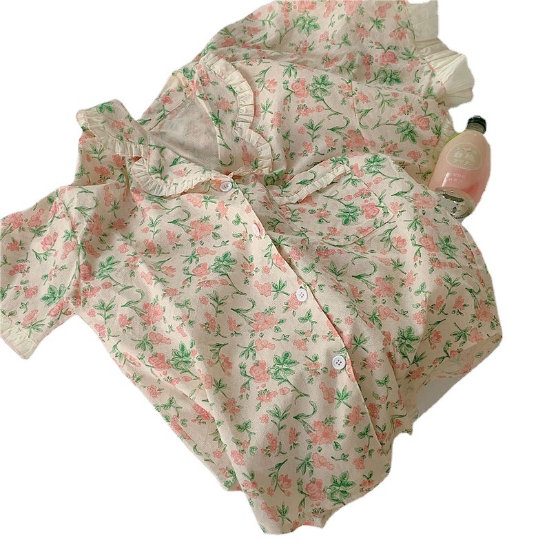 ins Korean Style Summer Short Sleeve Pajamas Women's Small Floral Cute Western Style Lace Girl Milk Silk Loose Home Clothes