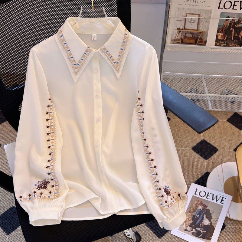 Embroidered Long-sleeved White Shirt Women's Spring and Autumn New Design Sense Niche Fashion Retro Elegant All-match Shirt Top