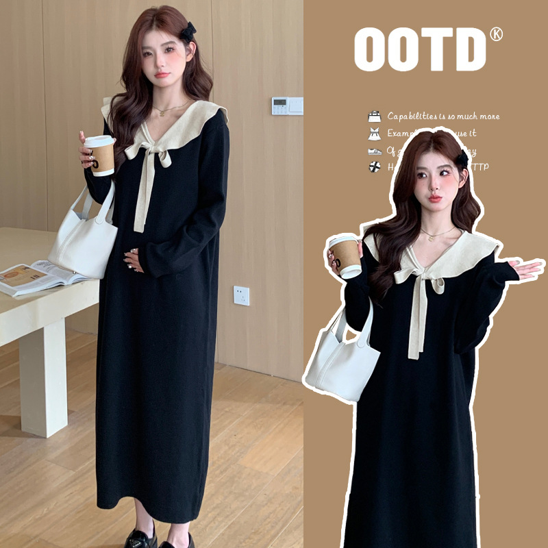 Picture of Internet celebrity autumn and winter New Korean style fashion Loose Doll Lotus collar pregnant women's mid-length knitted sweater dress