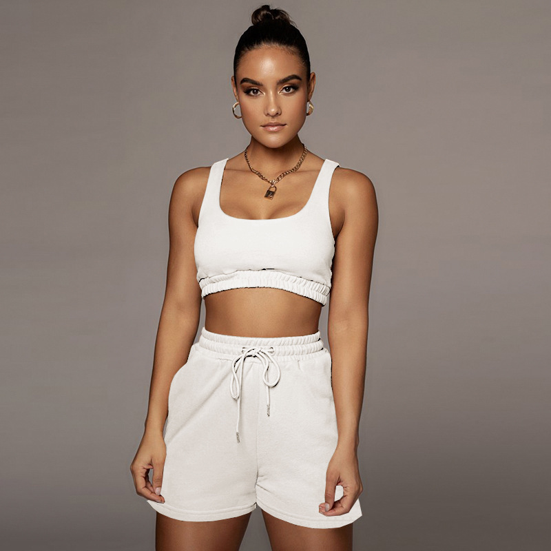 Picture of 2024 European and American Amazon cross-border summer women's solid color double-layer vest shorts sports navel suit